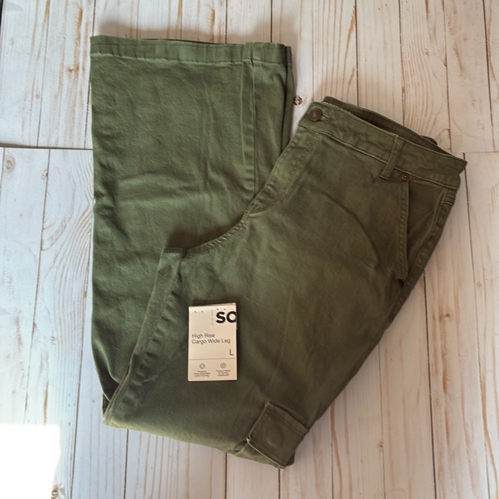 High Rise CARGO Wide Leg Olive Army Green Pants 6 Pocket Size 11/30 SO Tag